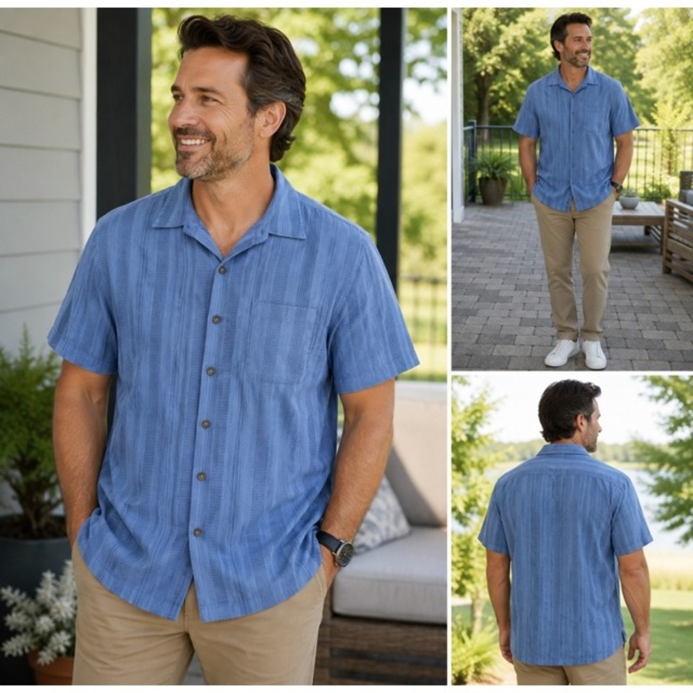 Van Heusen Mens Blue Textured Stripe Camp Collar Short Sleeve Shirt XLT Tall